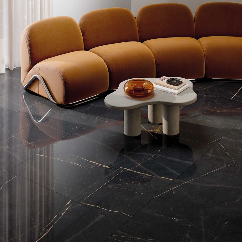 Premium płytka z gresu porcelanowego w efekcie marmuru, czarna, polerowana, 120x120 cm - CS25096