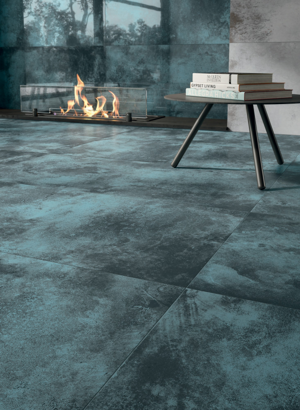 Płytka z gresu porcelanowego, nowoczesny efekt metalu, niebieska, 60x120 cm - CS25027