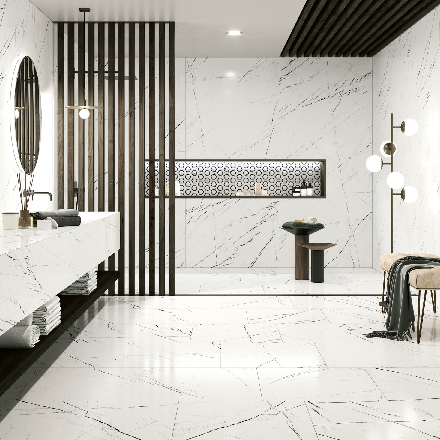 Płytka porcelanowa z polerowanym białym marmurem Marquina 60X120 - Emaa125