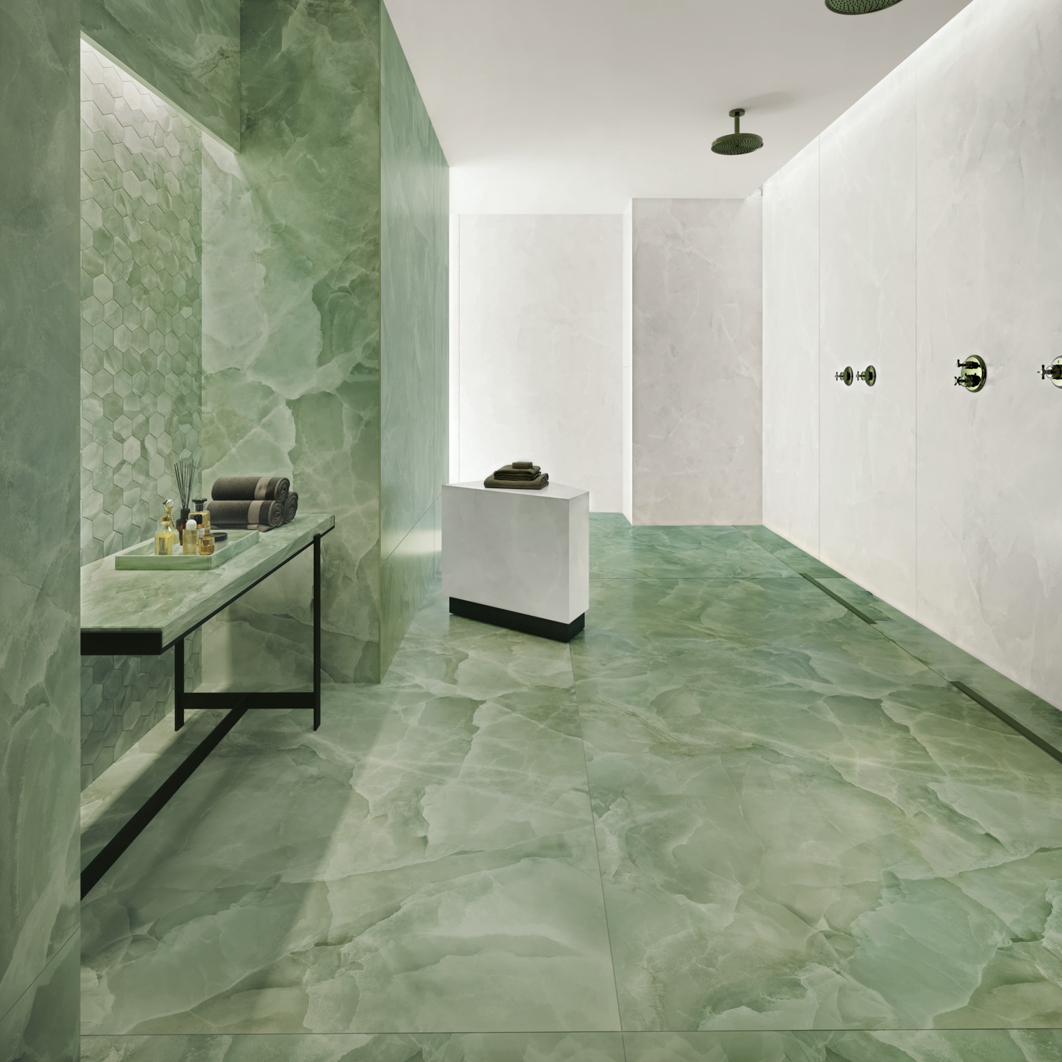 Płytka porcelanowa z polerowanym zielonym onyksem i jadeitem z efektem marmuru 60X120 - Eoxj130