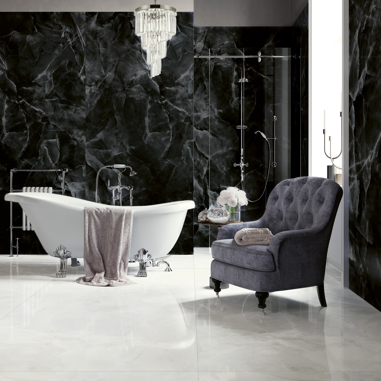 Płytka porcelanowa z efektem marmuru z polerowanego czarnego onyksu 60X120 - Eoxk132