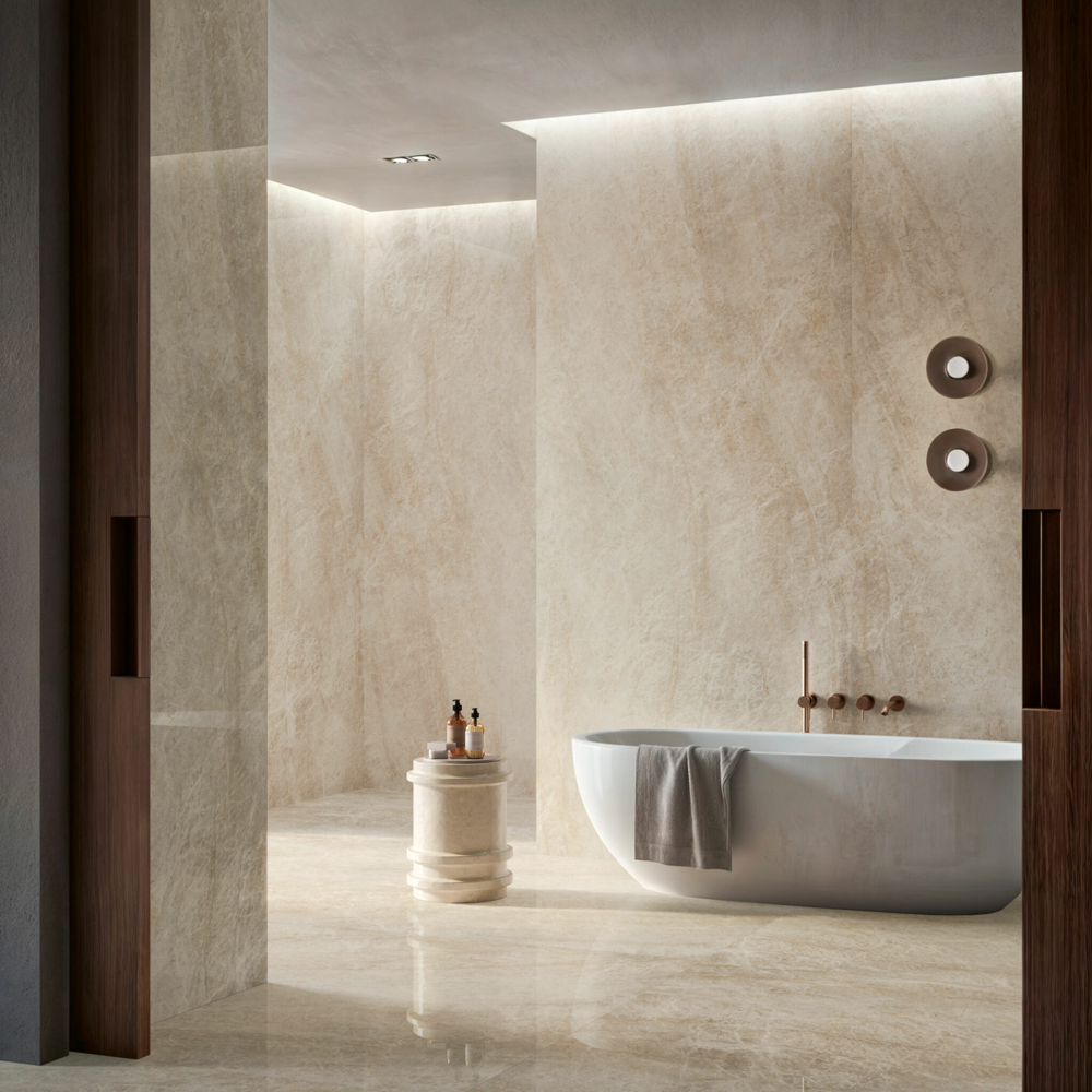 Elegancka płytka porcelanowa z efektem marmuru, polerowana beżowa 60x120 - ETML1564